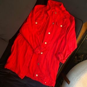 Oversized red distressed denim jacket
